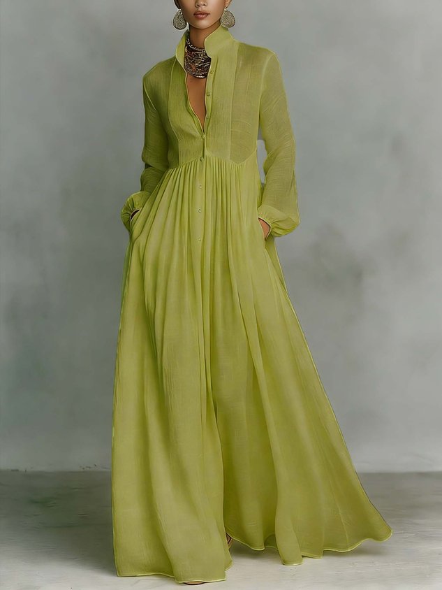 Casual cotton and linen maxi dress, high waist, stand-up collar, for everyday wear
