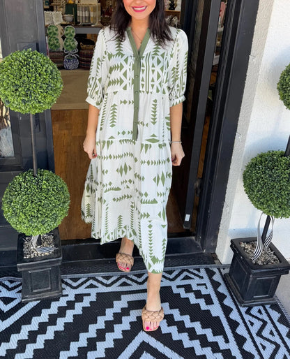 Women's V-neck button-down dress with geometric print