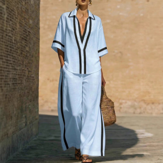Ensemble deux-pièces color block tendance : chemise décontractée à manches courtes et pantalon ample