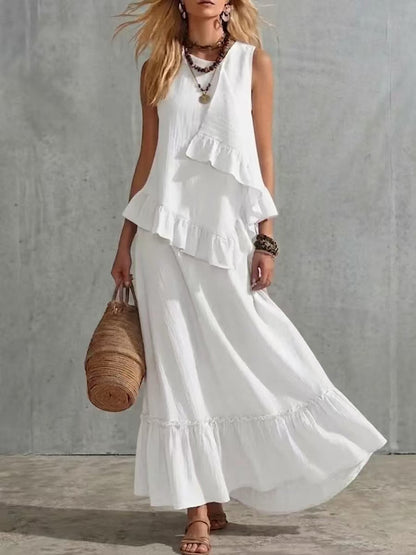 Robe longue texturée sans manches à volants asymétriques, robe longue d'été ample et fluide