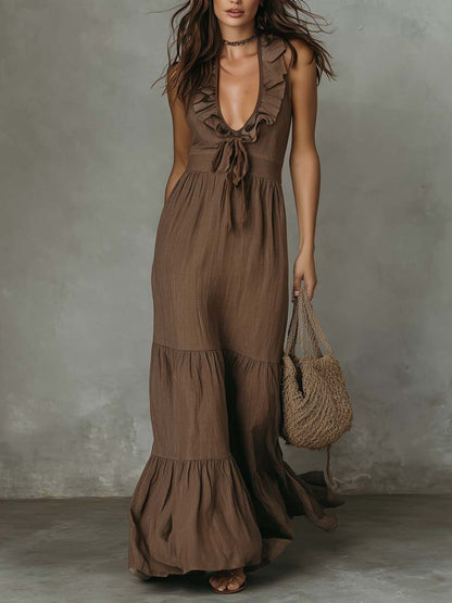 Robe longue décontractée ample à volants et col en V sans manches