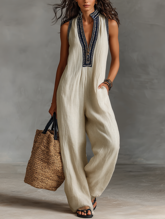 Women's minimalist sleeveless jumpsuit in a linen blend