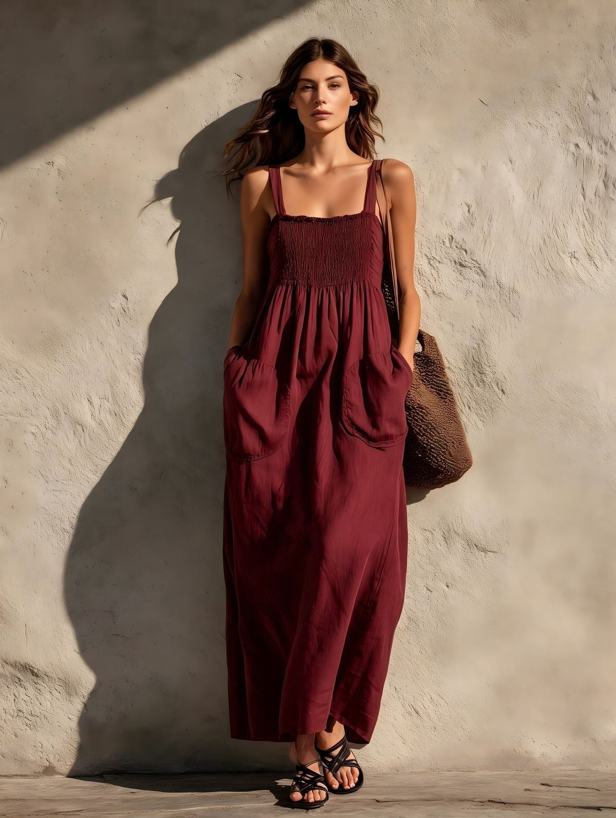 Robe longue smockée à encolure carrée et bretelles fines en mélange de lin avec poches