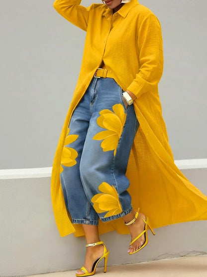 Robe chemise décontractée en lin et coton