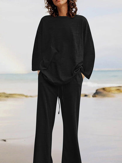 Ensemble deux pièces : haut chemise ample à manches longues et col rond de couleur unie + pantalon taille avec cordon de serrage