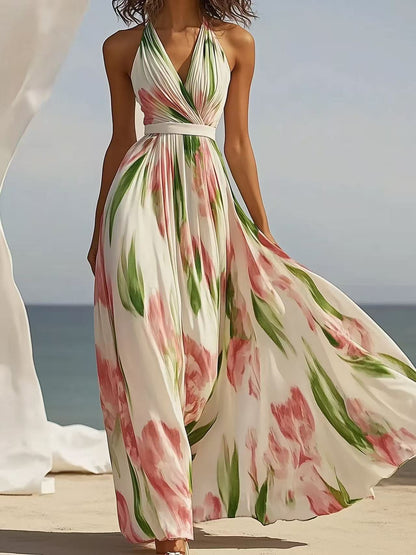 Robe longue plissée à fleurs avec encolure en V et ceinture à la taille