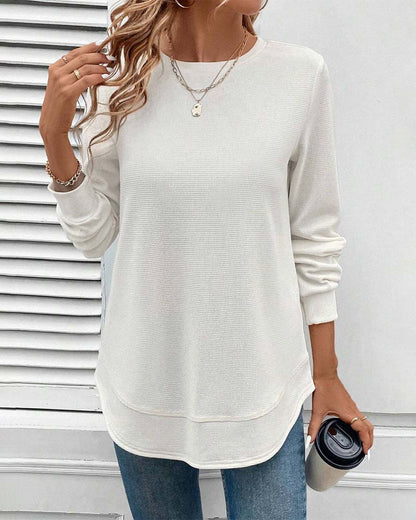 Round-neck, long-sleeved, solid-colour top