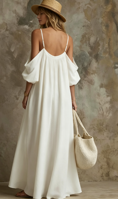 Robe longue caftan fluide blanche à manches bouffantes épaules dénudées avec poches