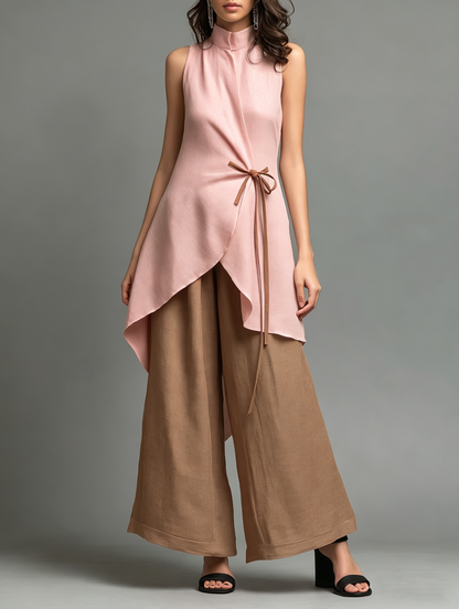 Ensemble top sans manches à col montant color block avec laçage + pantalon taille haute coupe large en coton et lin