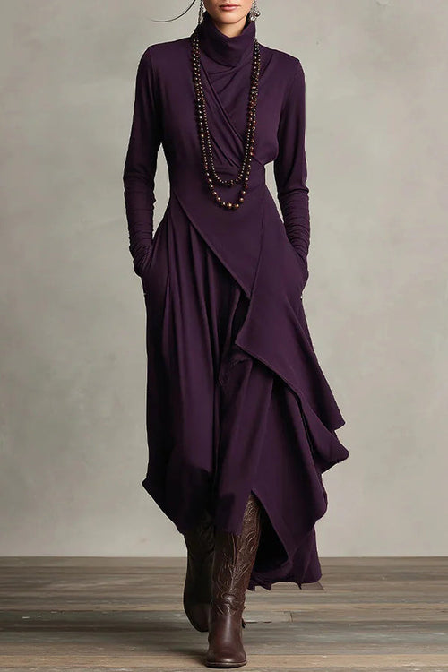 Robe longue décontractée unie à col montant, manches longues et ourlet asymétrique