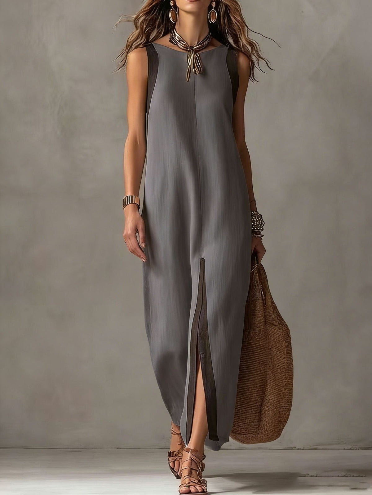 Robe midi droite sans manches bicolore à blocs de couleur