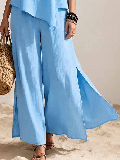 Ensemble deux pièces asymétrique en coton et lin à col rond + pantalon large à fentes latérales