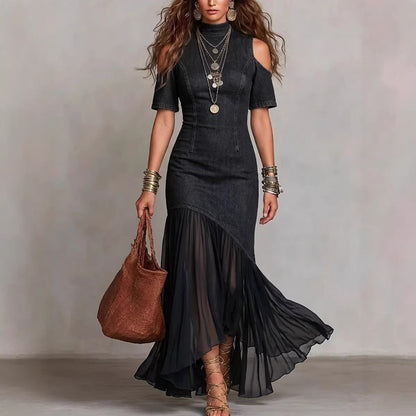 Robe midi à épaules dénudées avec ourlet en maille – Robe moulante à manches courtes