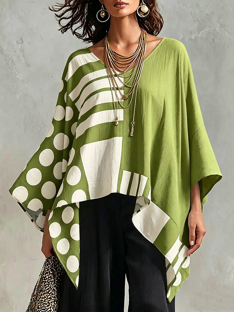 Haut ample décontracté en coton et lin à pois et imprimé géométrique, col en V et manches 3/4 pour femme