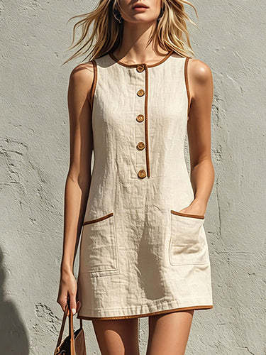 Mini-robe décontractée sans manches boutonnée avec poches