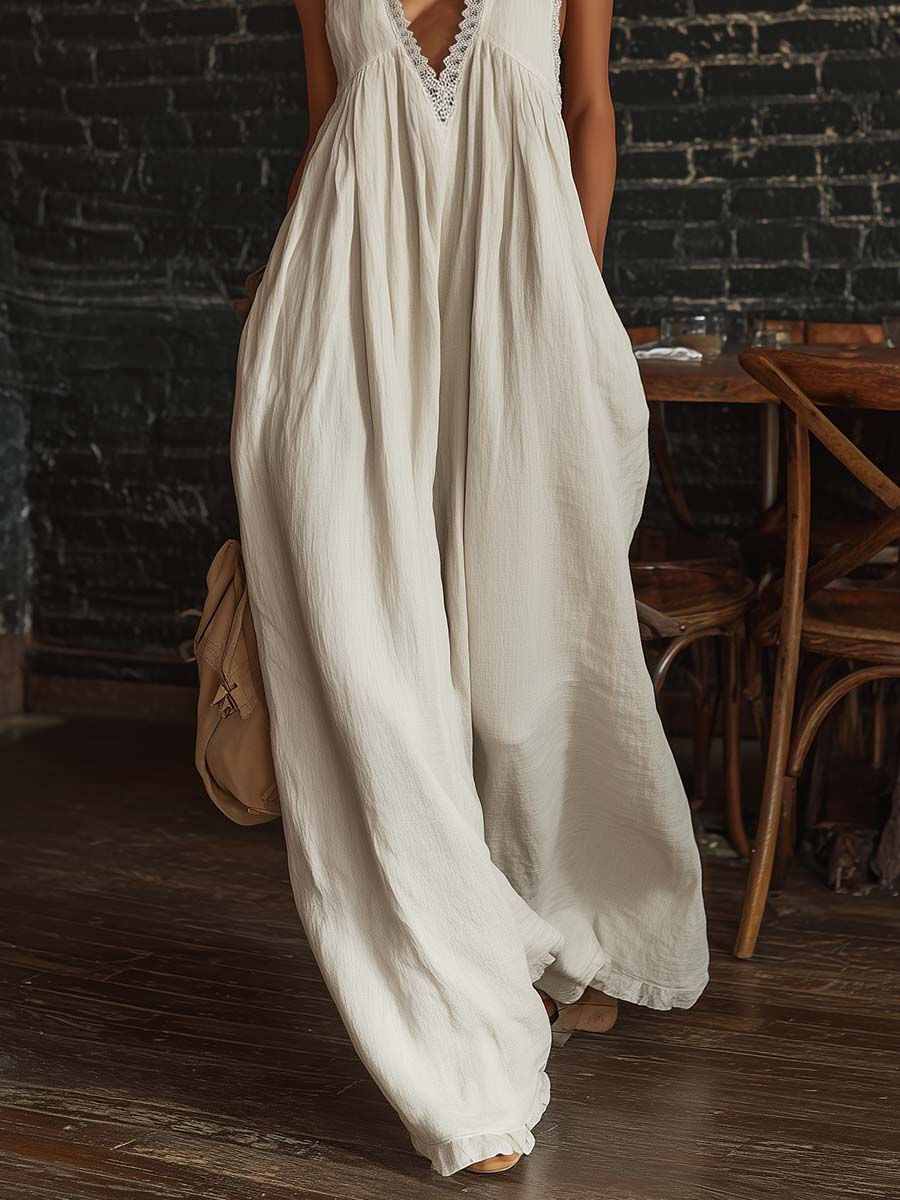 Combinaison en coton écru sans manches avec décolleté en V bordé de dentelle, style bohème urbain rétro