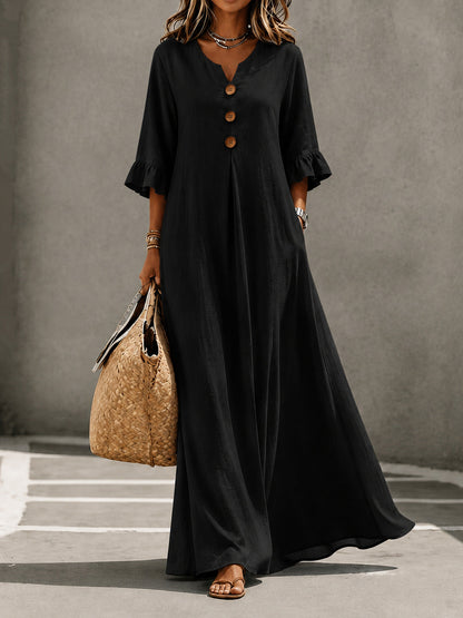 Robe longue en lin à col en V et manches volantées