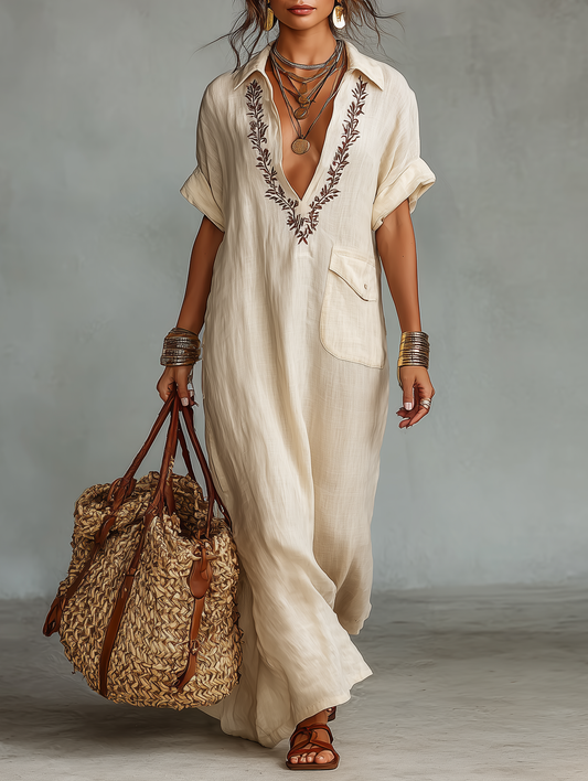 Robe longue chemise brodée à manches courtes, mélange de lin minimaliste pour femmes