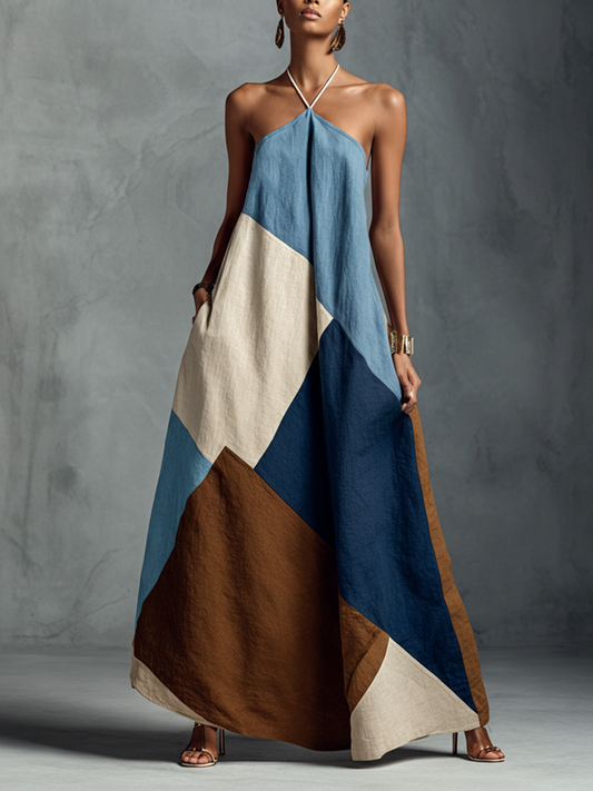Robe longue dos nu patchwork en mélange de coton et de lin multicolore bohème pour femme