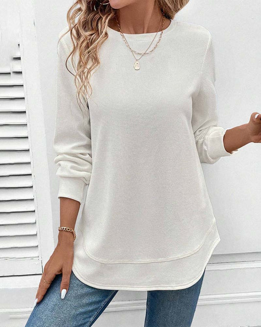 Round-neck, long-sleeved, solid-colour top