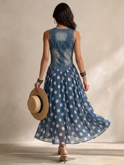 Robe en jean sans manches décontractée et élégante avec empiècements en mousseline à pois