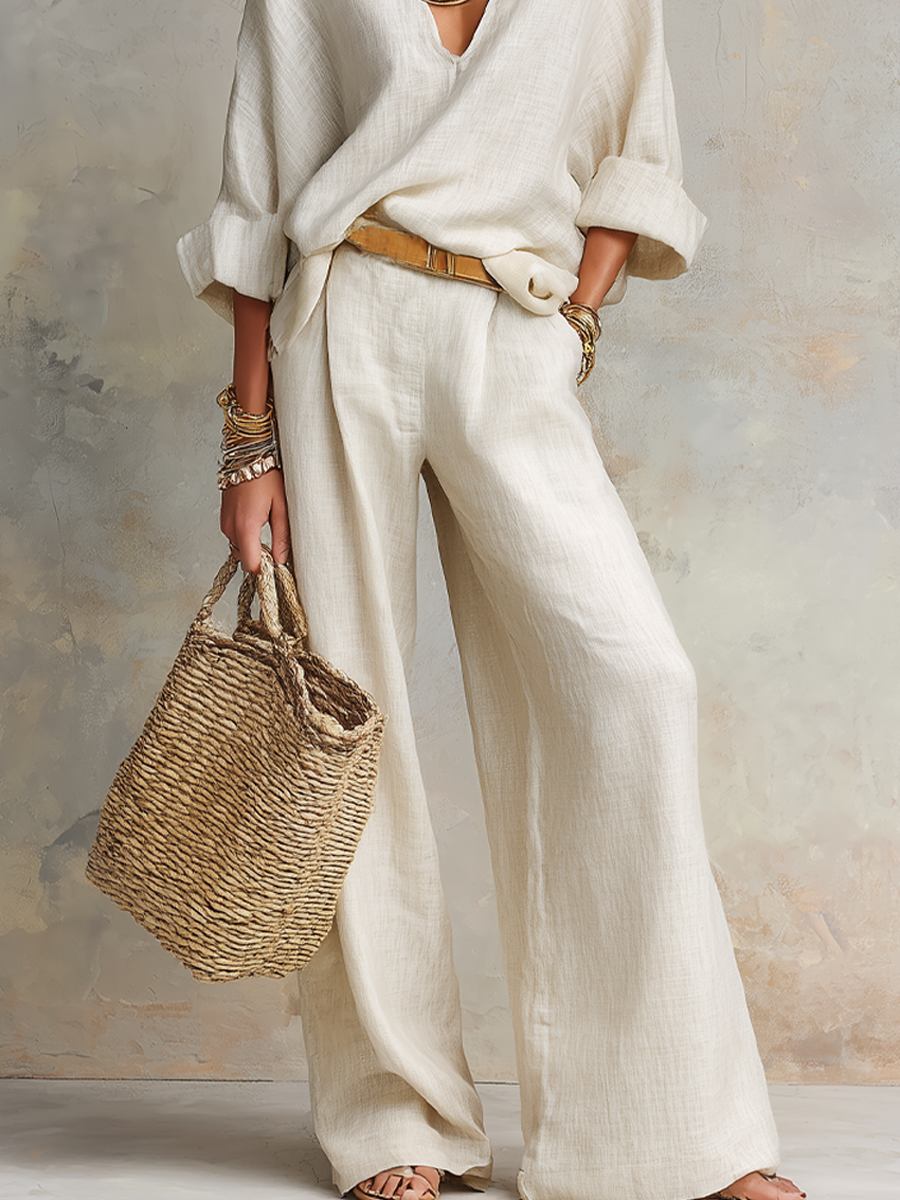 Ensemble de vêtements de villégiature amples en lin naturel blanc cassé