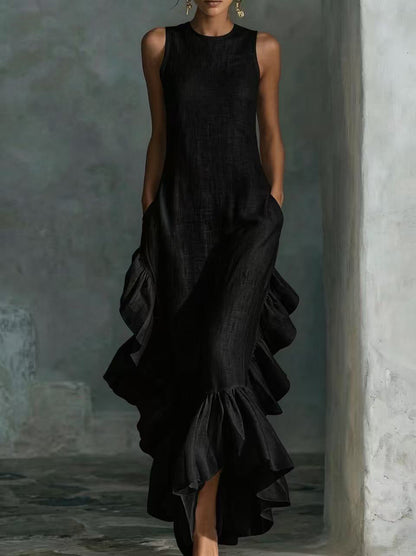 Longue robe maxi sans manches en lin à volants