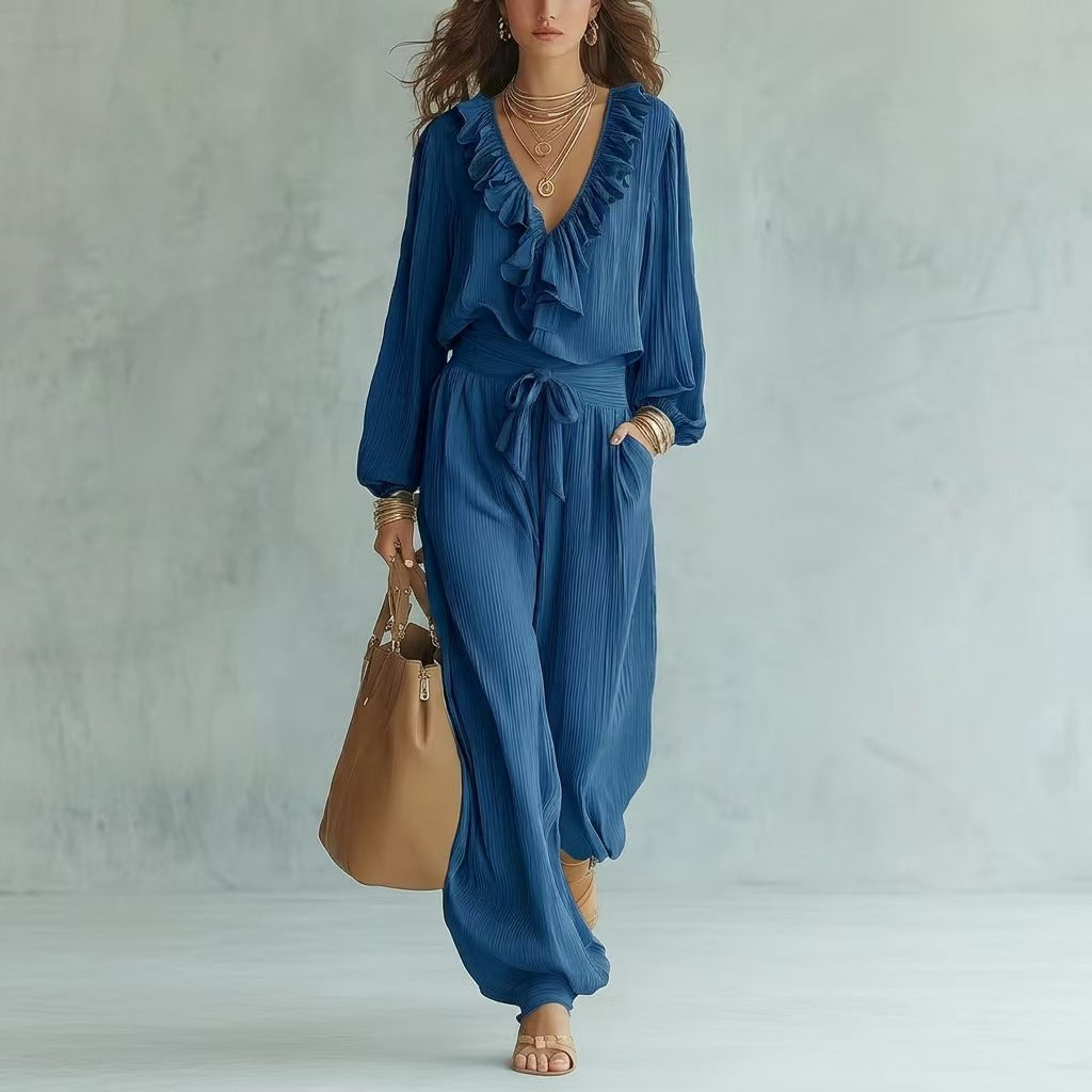 Ensemble deux pièces haut à manches longues avec col en V à volants et pantalon large à taille nouée