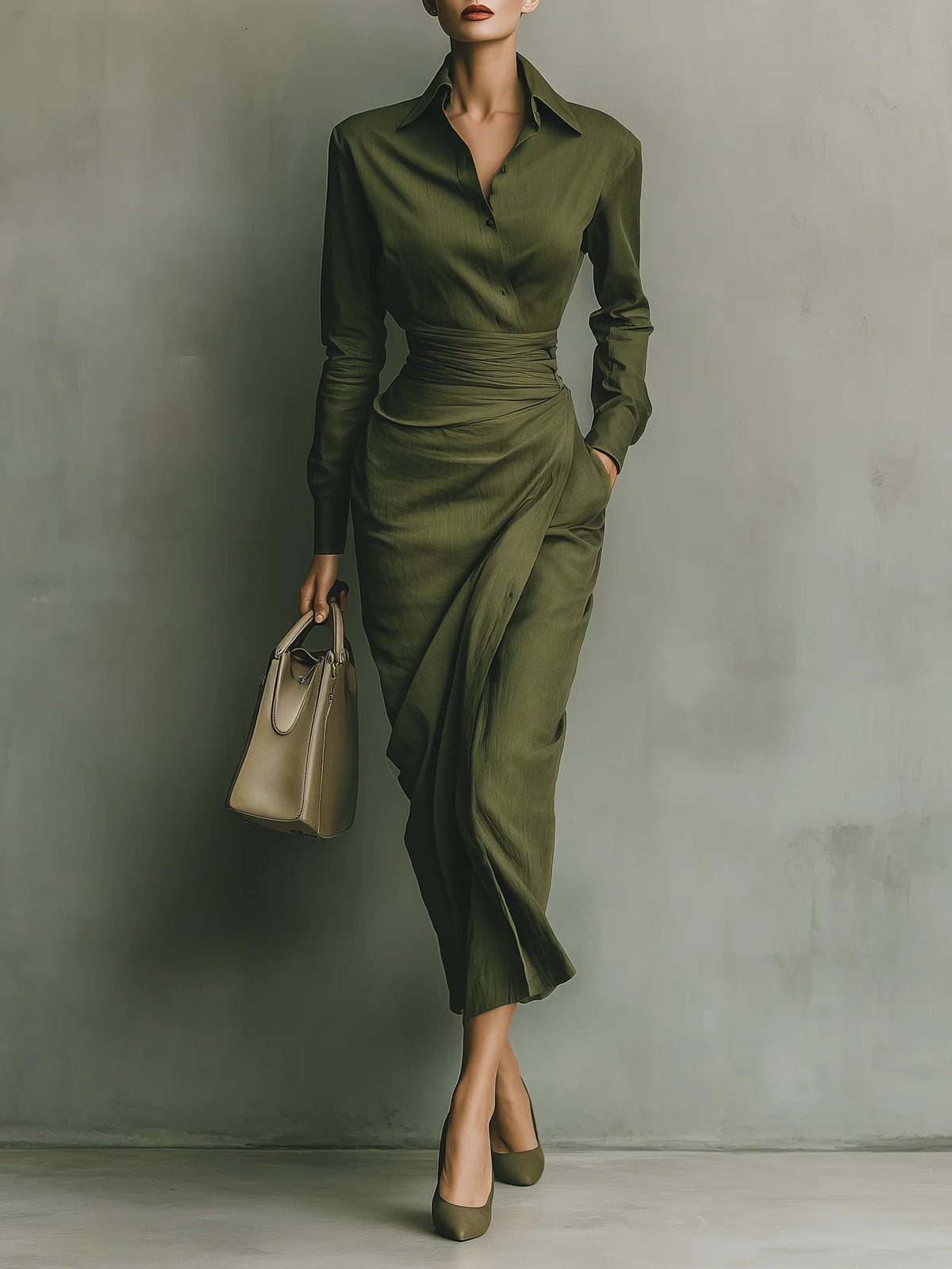Army green cotton blend long dress