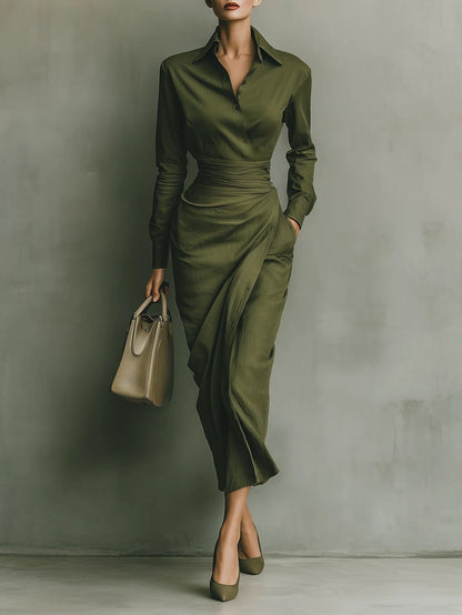 Army green cotton blend long dress