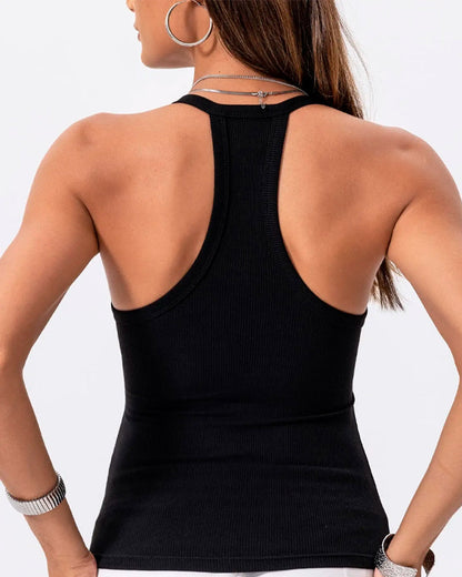 Haut court côtelé à fines bretelles et col en V avec soutien-gorge intégré