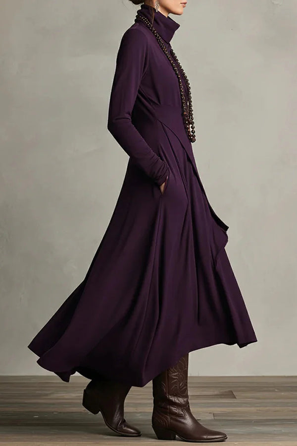Robe longue décontractée unie à col montant, manches longues et ourlet asymétrique