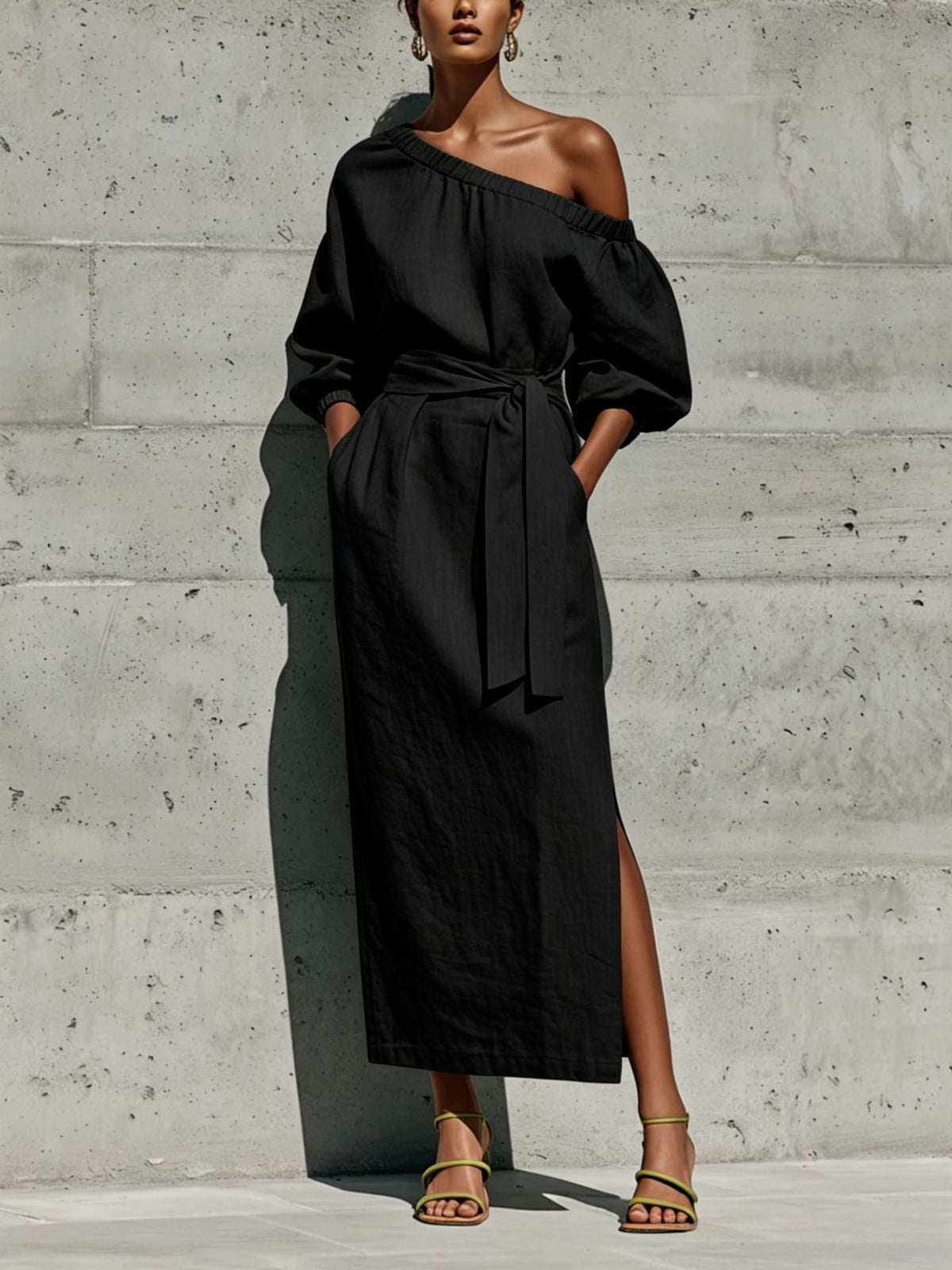 Robe Midi en Lin à Une Épaule Manches Bouffantes Taille Nouée et Fente Latérale
