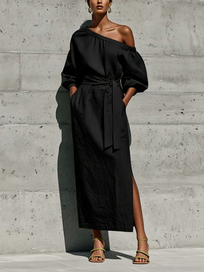Robe Midi en Lin à Une Épaule Manches Bouffantes Taille Nouée et Fente Latérale