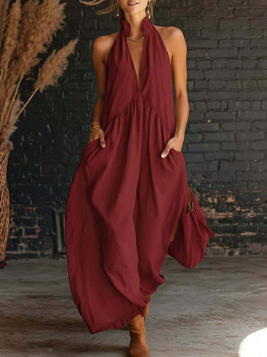 Robe longue de vacances unie sans manches à col montant