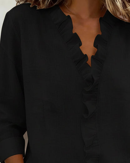 Blouse à manches longues, col V, à volants