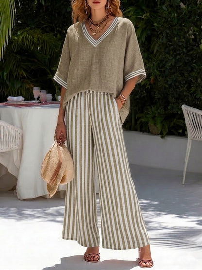 Ensemble décontracté deux‑pièces : haut rayé en patchwork lin et coton et pantalon rayé