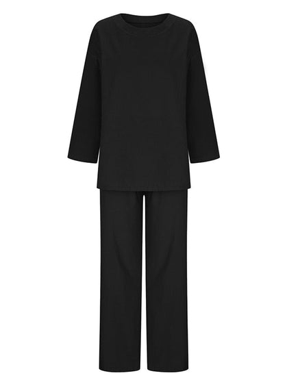 Ensemble deux pièces : haut chemise ample à manches longues et col rond de couleur unie + pantalon taille avec cordon de serrage