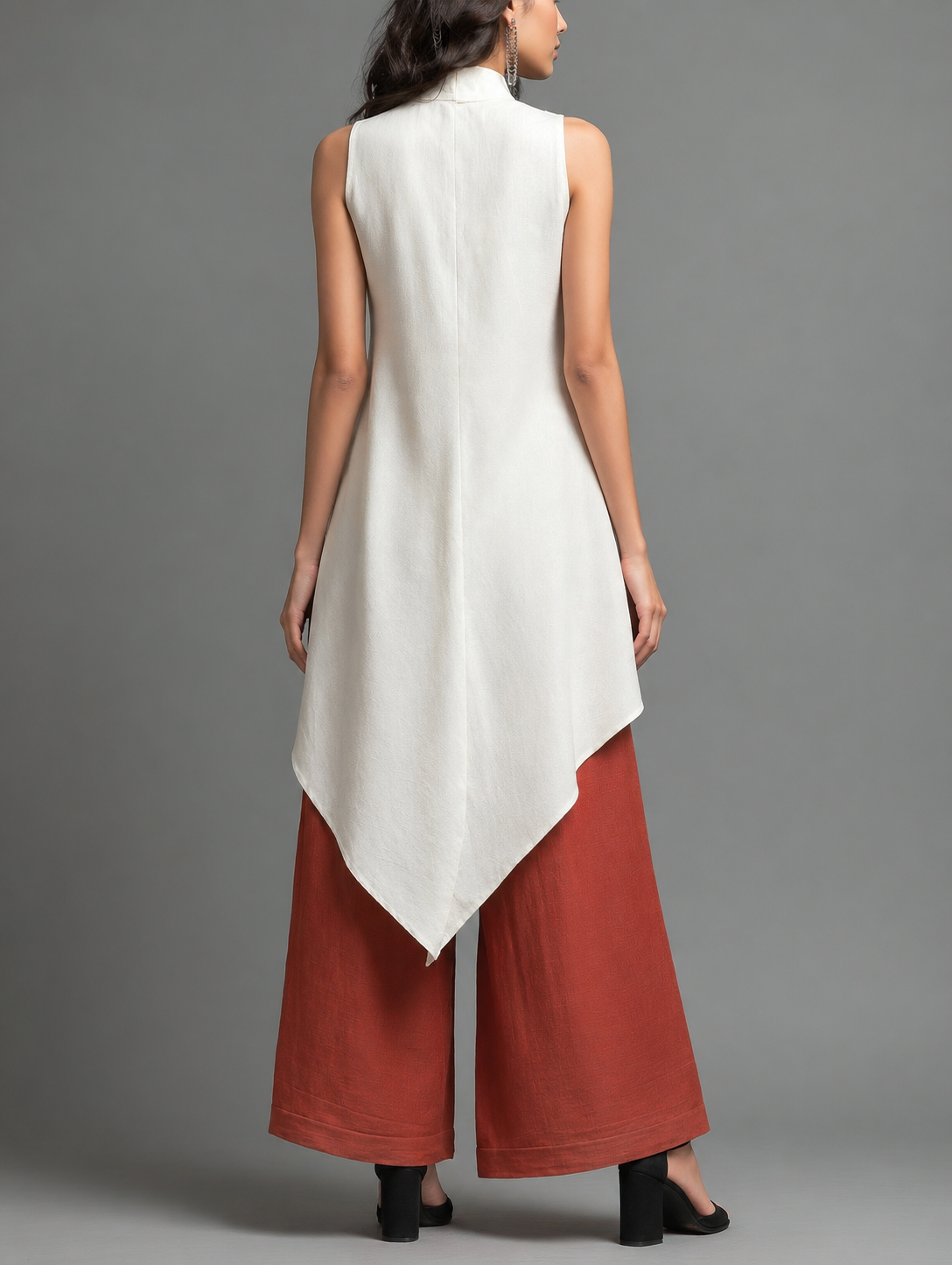 Ensemble top sans manches à col montant color block avec laçage + pantalon taille haute coupe large en coton et lin