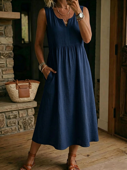 Robe Femme Sans Manches en Coton et Lin à Col en V