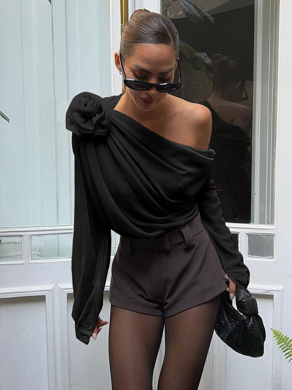 One-shoulder asymmetric blouse in semi-sheer chiffon