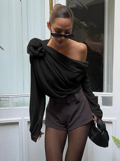 One-shoulder asymmetric blouse in semi-sheer chiffon
