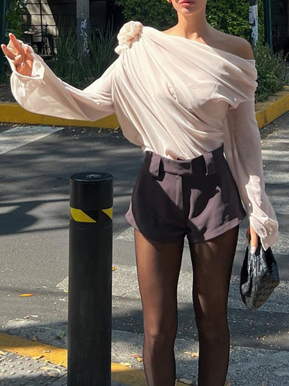One-shoulder asymmetric blouse in semi-sheer chiffon