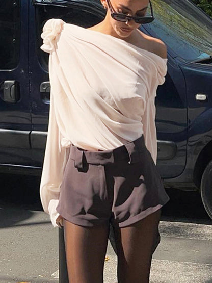 One-shoulder asymmetric blouse in semi-sheer chiffon