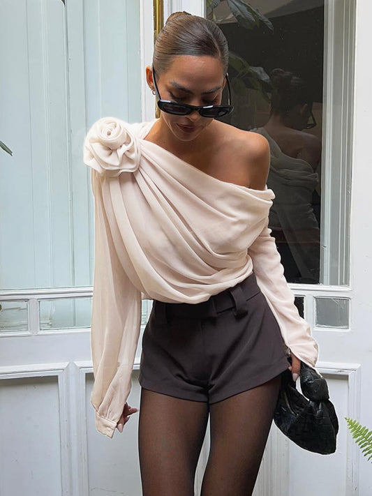 One-shoulder asymmetric blouse in semi-sheer chiffon