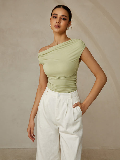 Asymmetrical neck sleeveless t-shirt