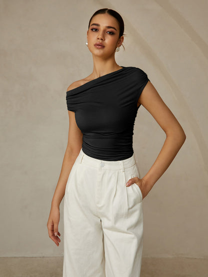 Asymmetrical neck sleeveless t-shirt