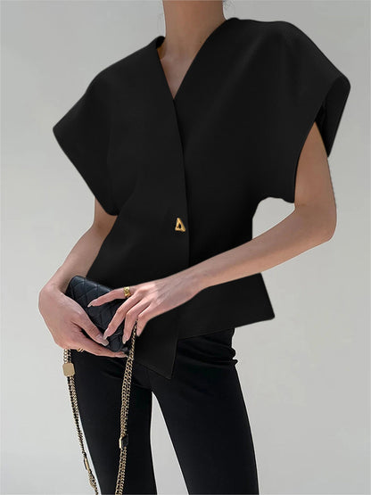 Trendy V-neck button-down blouse