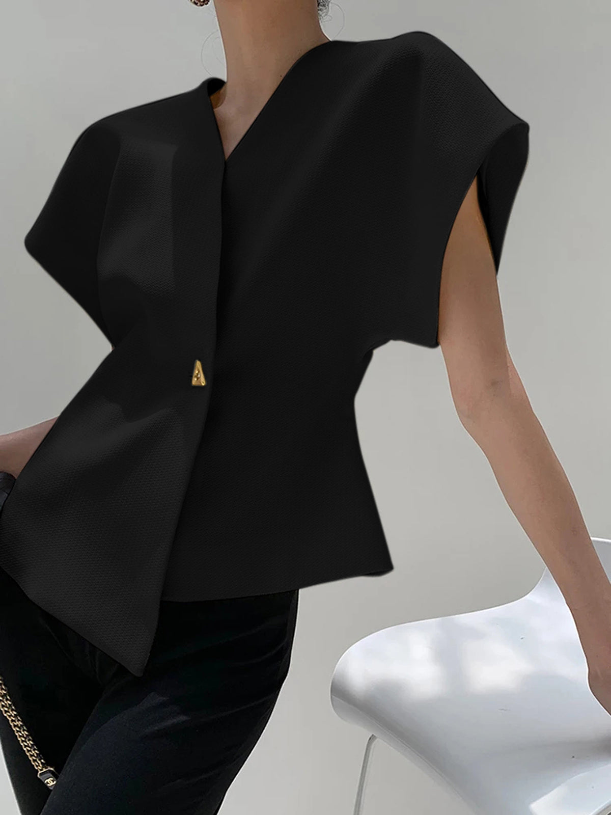 Trendy V-neck button-down blouse