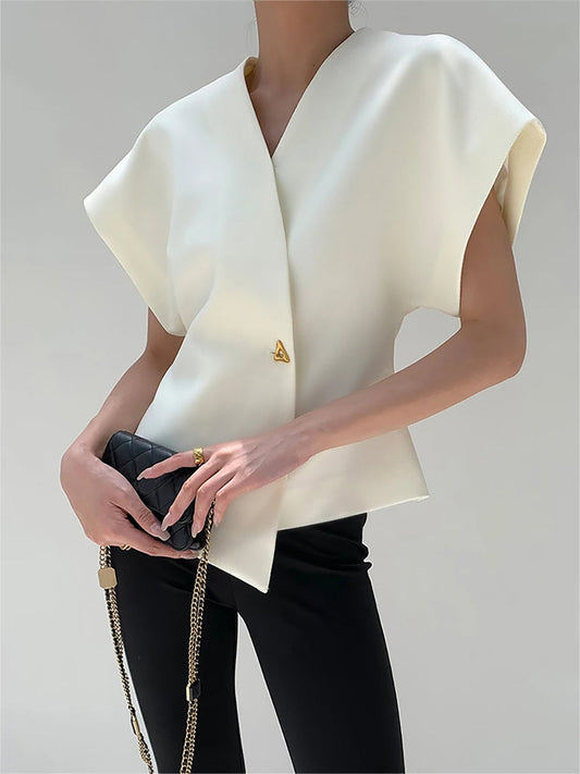 Trendy V-neck button-down blouse